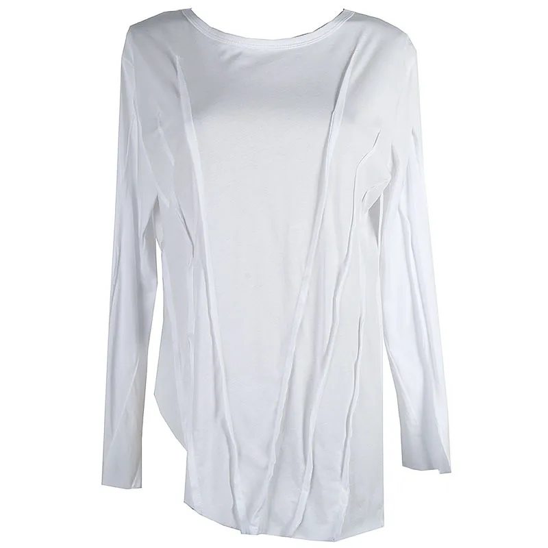 

[EAM] Women Big Size Irregular Casual Brief T-shirt New Round Neck Long Sleeve Loose Fashion Tide Spring Autumn 2021 1DD7109