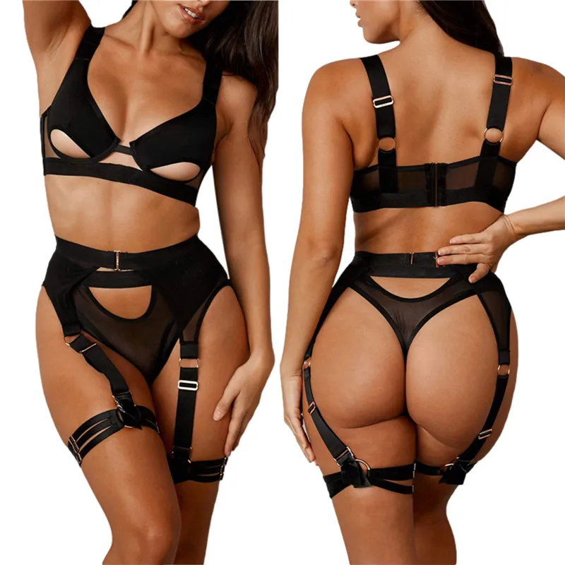 

Женский сексуальный комплект нижнего белья из трех предметов, черный ажурный бюстгальтер, трусики и подвязки, экзотические комплекты нижне...