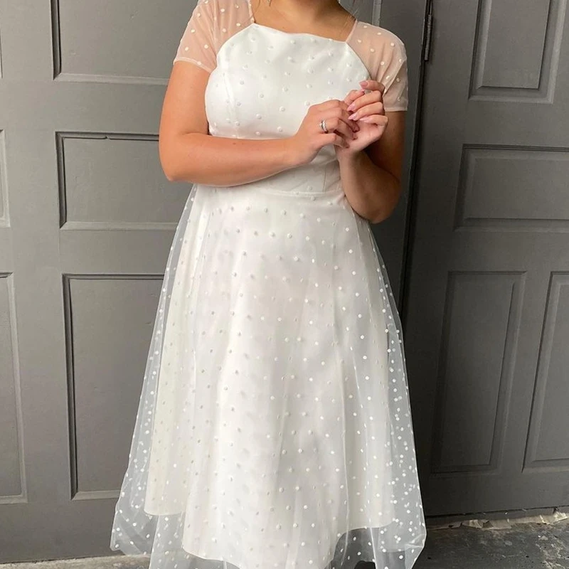 

After Party Wedding Dress Short 2021 Scoop Ankle Length Point Net Tulle White For Women Bridal Gown Cheap Lady Robe De Mariee