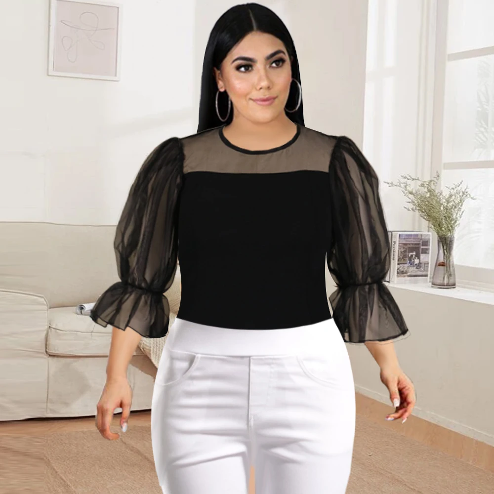 

O Neck See Through Blouses Three Quater Lantern Sleeve Black Tops Shirts Plus Size XXL Office Summer Fashion Blusas for Ladies