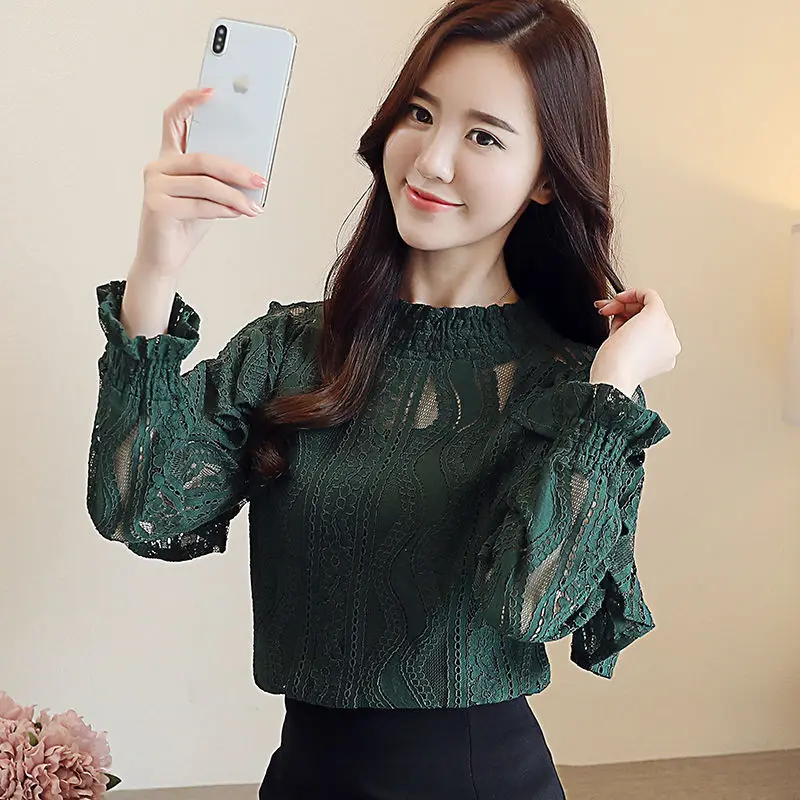 

Lace blouse 2021 spring and autumn women's clothing Korean half-high collar ruffled hollow top, long-sleeved bottoming shirt