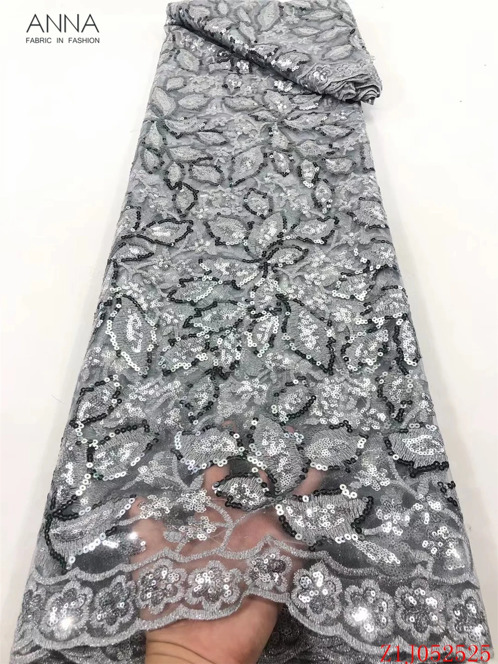 

Anna silver sequins lace fabrics 2021 high quality nigerian net tulle 5 yards embroidery african fabric for sewing party dress