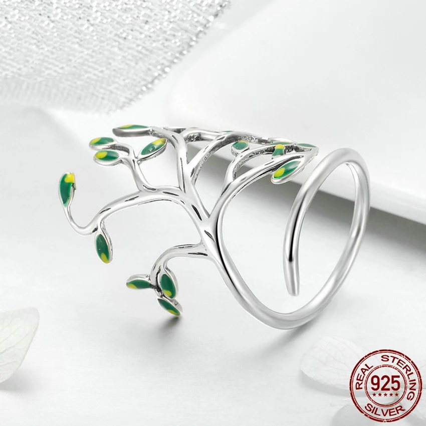 HUDIESHUO 925 SterlingSilver зеленое дерево жизни Регулируемые кольца для женщин модные