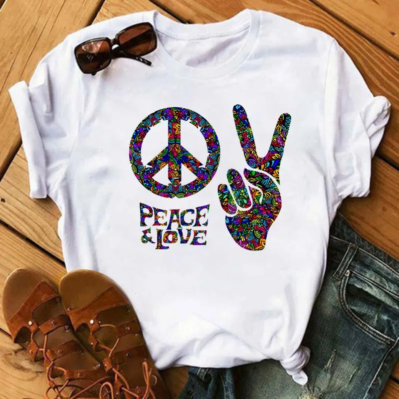 

Maycaur Peace Love Print Women T-shirt Summer Casual Round Neck White Shirt Short Sleeve Ladies T-shirt Love Graphic Printed Top