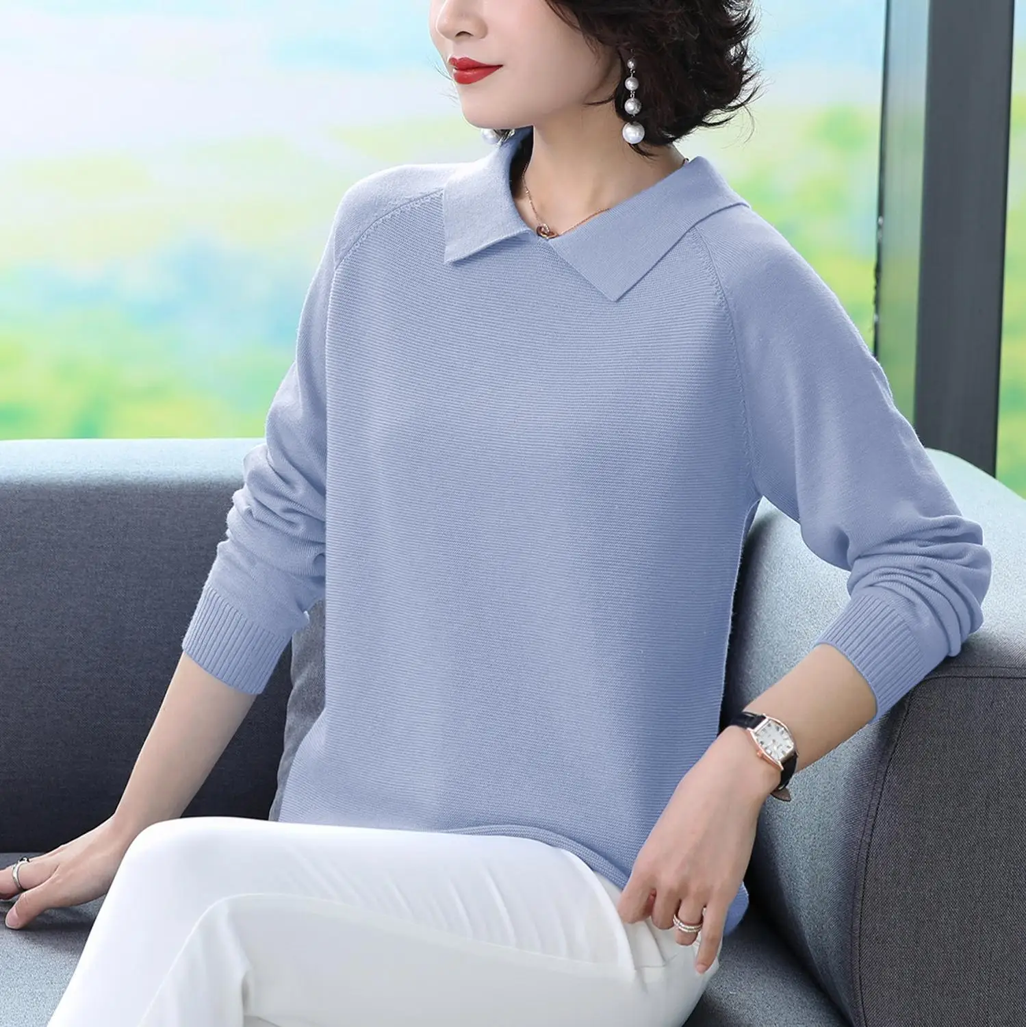 ASLTW женский свитер с отворотом Осень-зима модный однотонный джемпер длинным