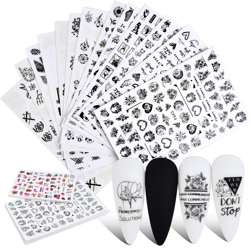 

1 Sheet 3D Nail Stickers Black White Geometric Flower Letter Patterns Adhesive Transfer Decals Nail Art DIY Design Decoration