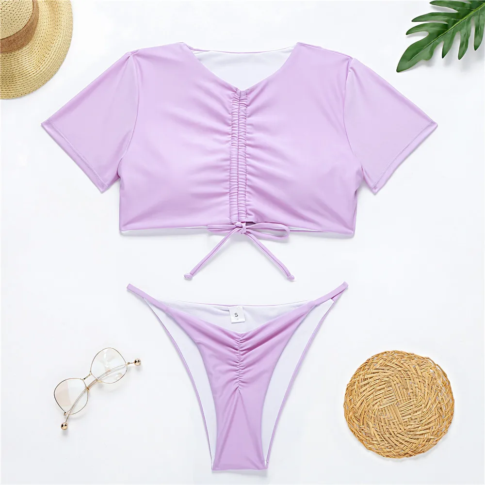 

Solid Bikini 2020 New Short Sleeve Swimwear Women Swimsuit Female Sexy Bikini Set Low Waist Bathing Suit Beachwear Swimming Suit