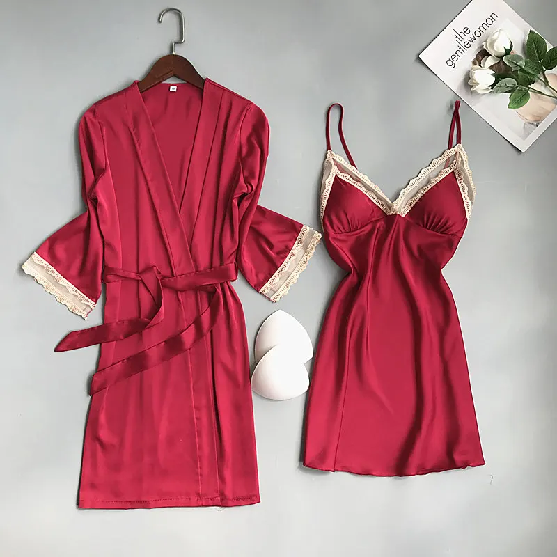 

Sexy Women Solid Color Satin Kimono Bathrobe Bride Bridesmaid Wedding Robe Set Sleepwear Casual Home Clothes Nightwear