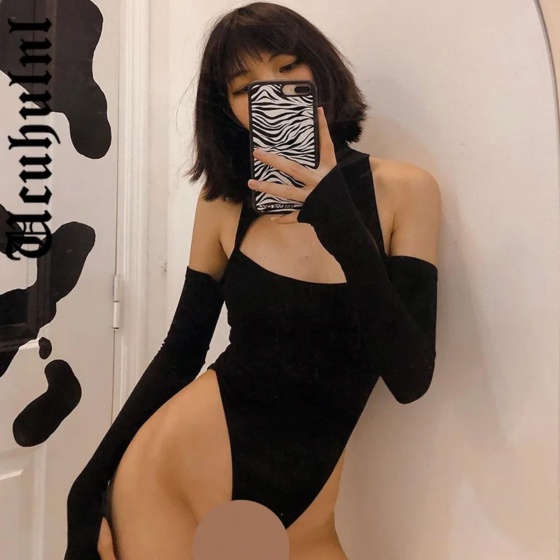 

Ucuhulnl Sexy Streetwear Hollow Out Jumpsuit Long Sleeve Patchwork Slim Dark Black Bodysuit Harajuku Fashion Nightclub Playsuit