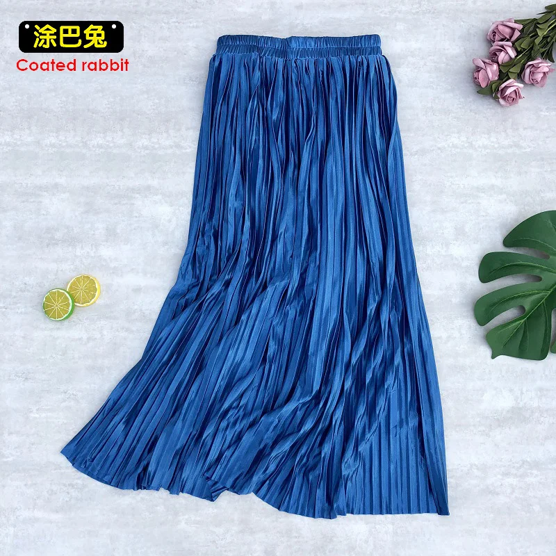 

CR Womens Vintage Elastic High Waist Solid Long Pleated Skirts New Fashion Casual Metallic Bottoms Female