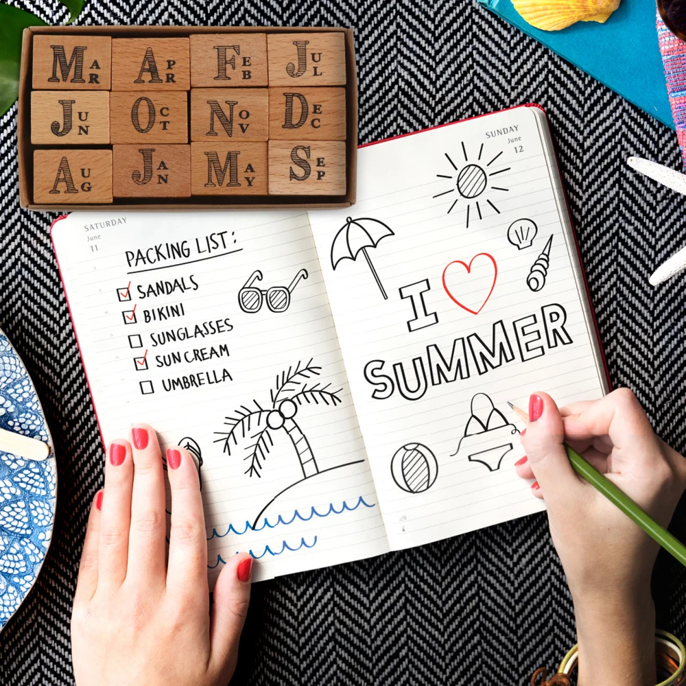 

1 Set/12pcs DIY Wooden Stamps Vintage Decorative 12 Months Seal for Scrapbook