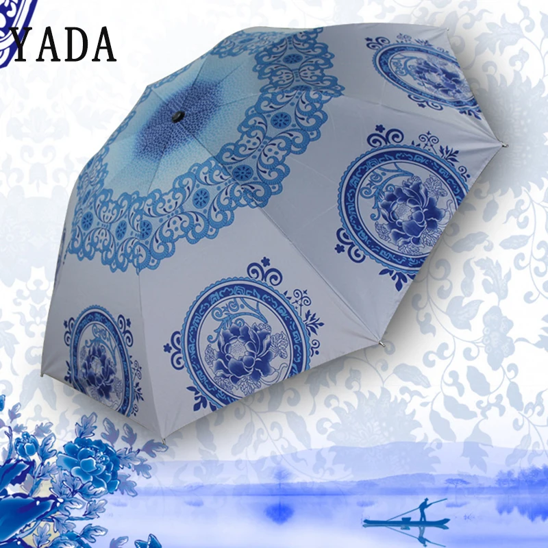 

YADA Design Blue And White Porcelain Umbrella Anti-UV Rainproof Sun Rainy Fold Umbrellas Parasol Chinese Style Umbrella YD241