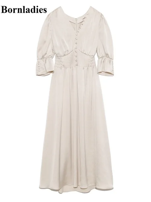 

Bornladies V Nek Pulolover Long Sleeve Dress Women High Waist Hip A Line Long Vestidos Spring 2021 New Work Style Ol Robe Sim