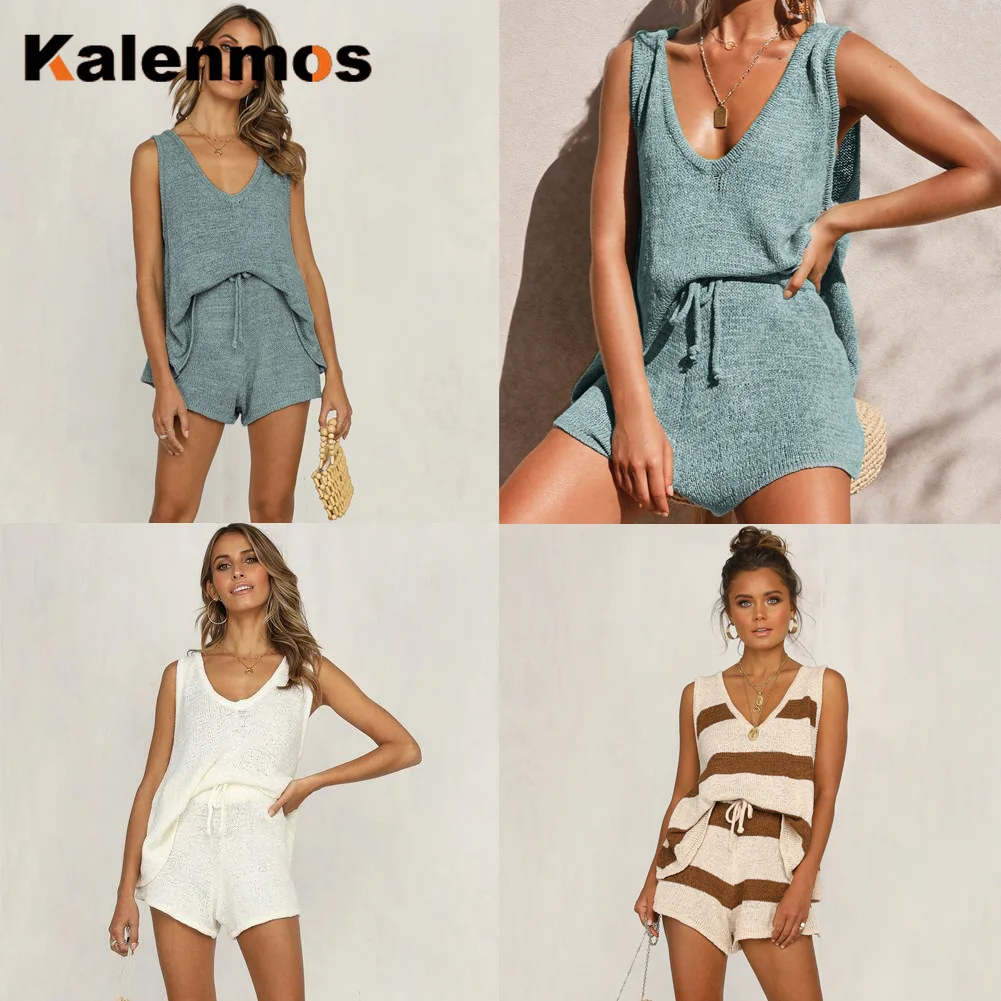 KALENMOS Женский комплект из двух предметов полосатая Домашняя одежда Топы Футболка