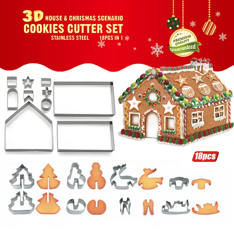 

18pcs/set 3D Stainless Steel Cookie Cutter Mold Christmas House Tree Star Deer Cake Chocolate Biscuit Baking Bakeware Mold Tools