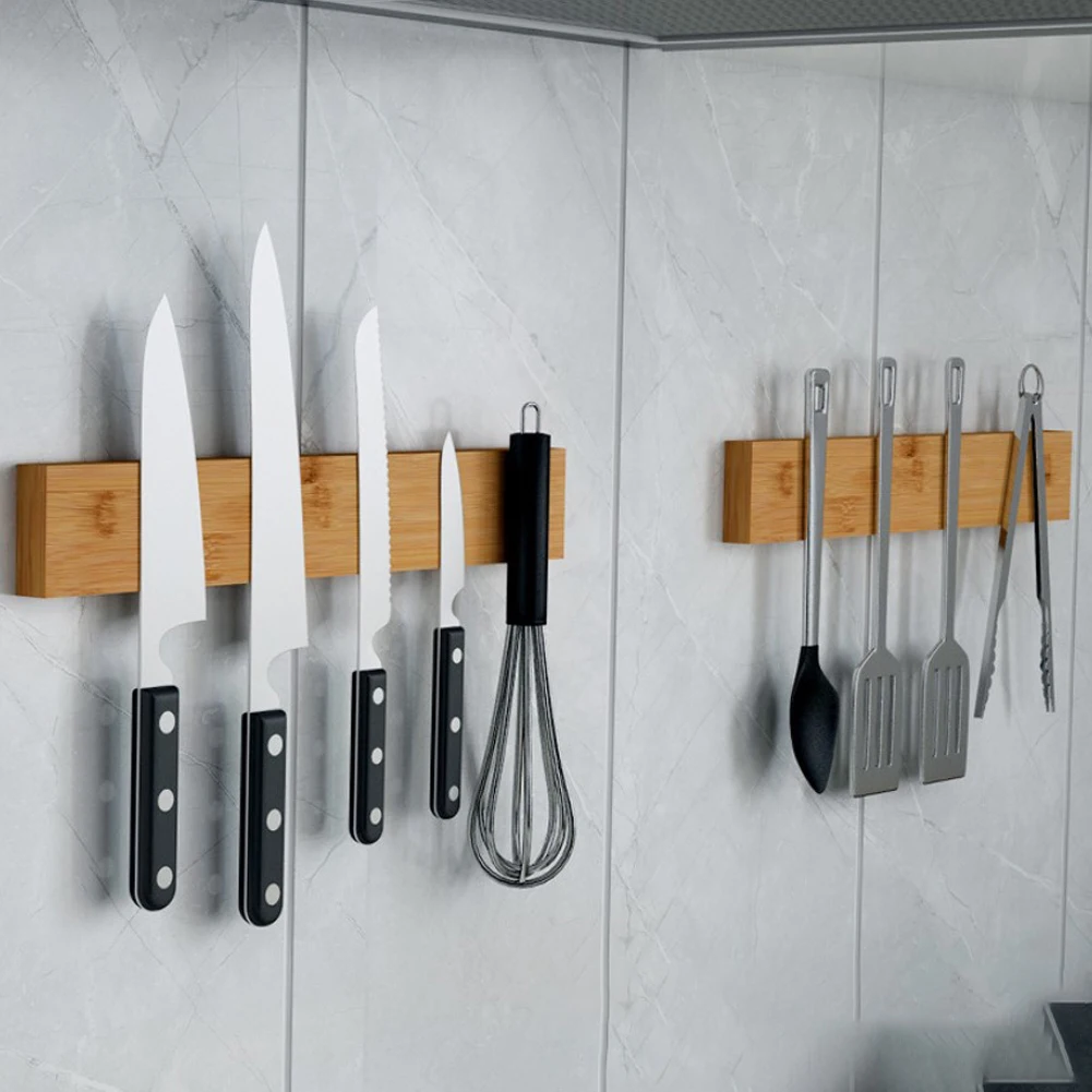 

Kitchen Tool Holder Storage Rack Wall Mounted Suction Free Punch Eco-Friendly Bamboo Kitchen Utensils Strip Knives Accessories
