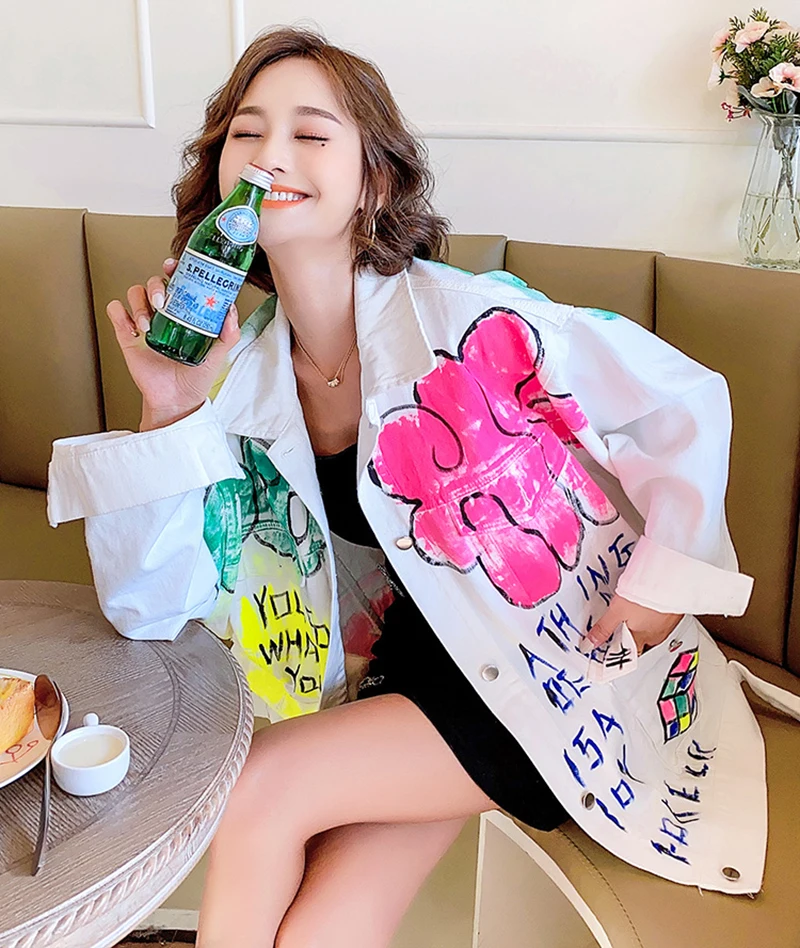 

Женская джинсовая куртка с аппликацией граффити, весна-осень, Повседневная Уличная одежда унисекс