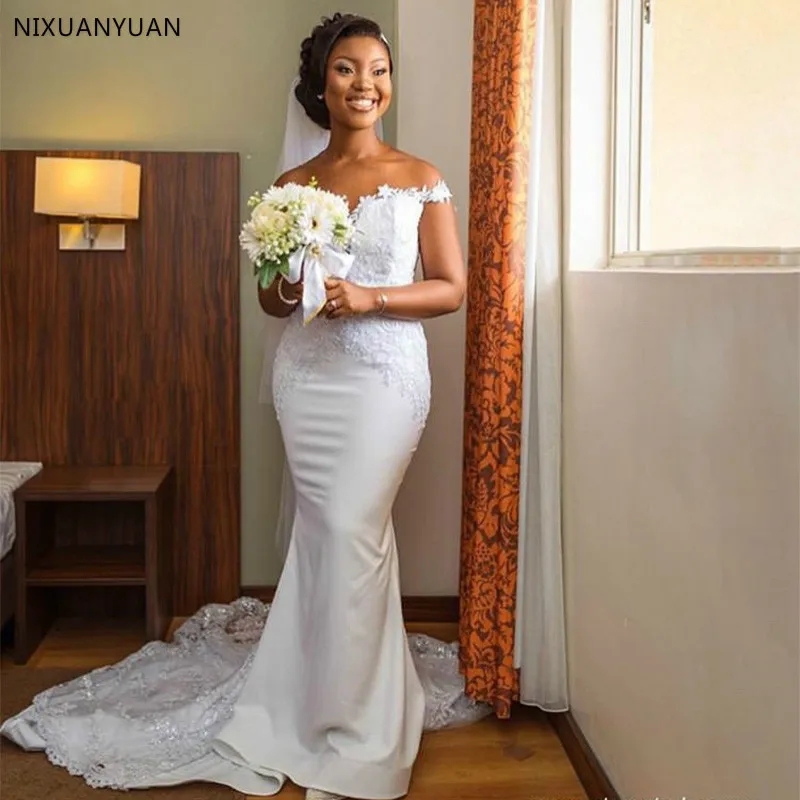 

Off The Shoulder Sheer White Ivory Wedding Dresses Appliques Africa Women Mermaid Style Bride Wedding Gowns Vestido De Noiva