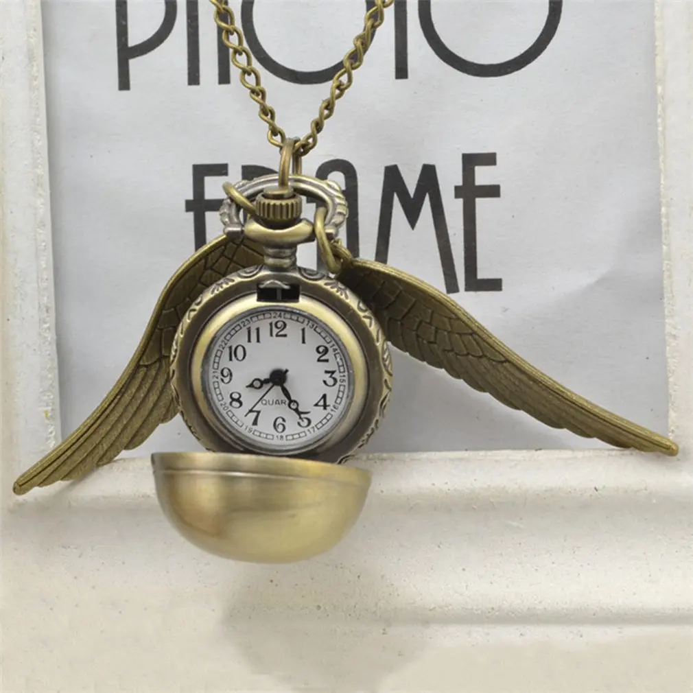 Elegant Snitch Quartz Watch Charming Vintage Angel Wing Fob Pocket Watch Pendant Clock Necklace Chain for Men Women