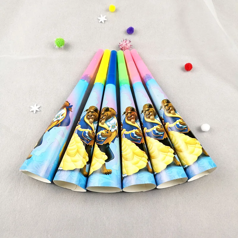 6pcs horn Красота и чудовище тема Дети сувениры украшения день рождения тарелки скатерть чашка соломинки флаг нож вилка ложка душ ребенка - Цвет: 6pcs horn