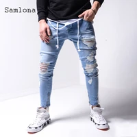 samlona jeans mens fashion skinny denim pant male 2020 hole ripped pants pantalon male denim jeans patchwork striped trousers