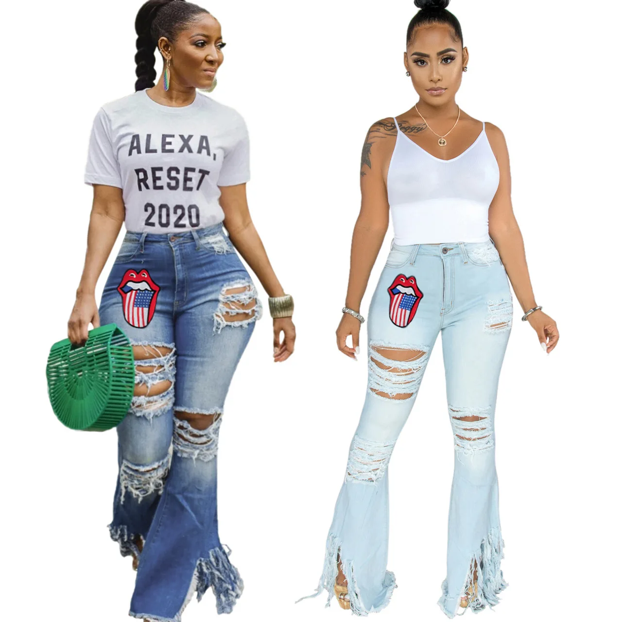 

European and American women's fashion all-match self-cultivation washed ripped tassel embroidery mother jeans flared pants