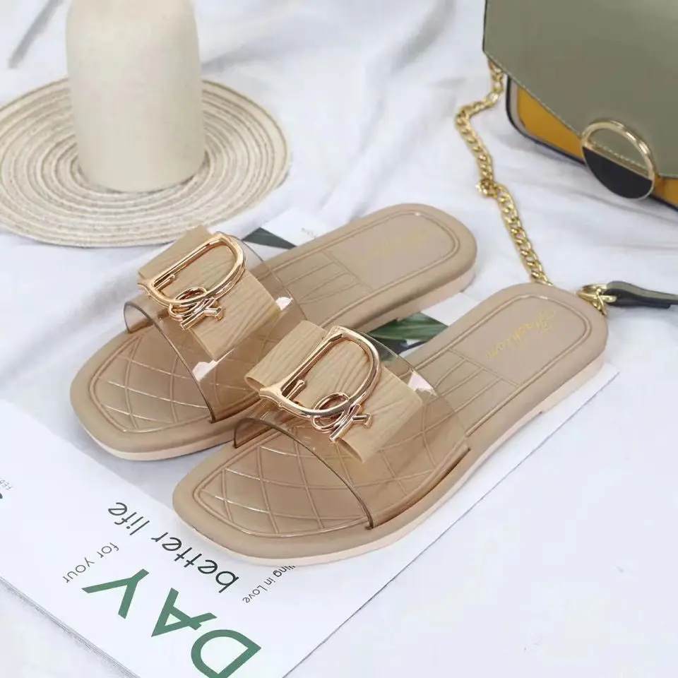 

2021 Summer Fashion Solid Color Bowknot Slippers One-Word Slippers Outdoor Loafer Flat Women's Slippers Sandals