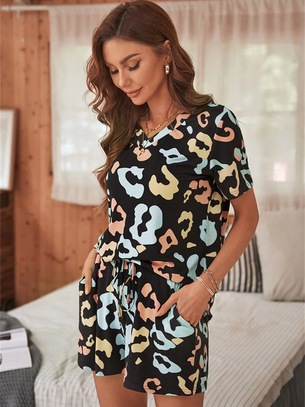 

Leopard Short Sleeve Tee and Pants PJ Set Loungewear Nightwear Sleepwear Womens Colorful Printed Pajamas Set