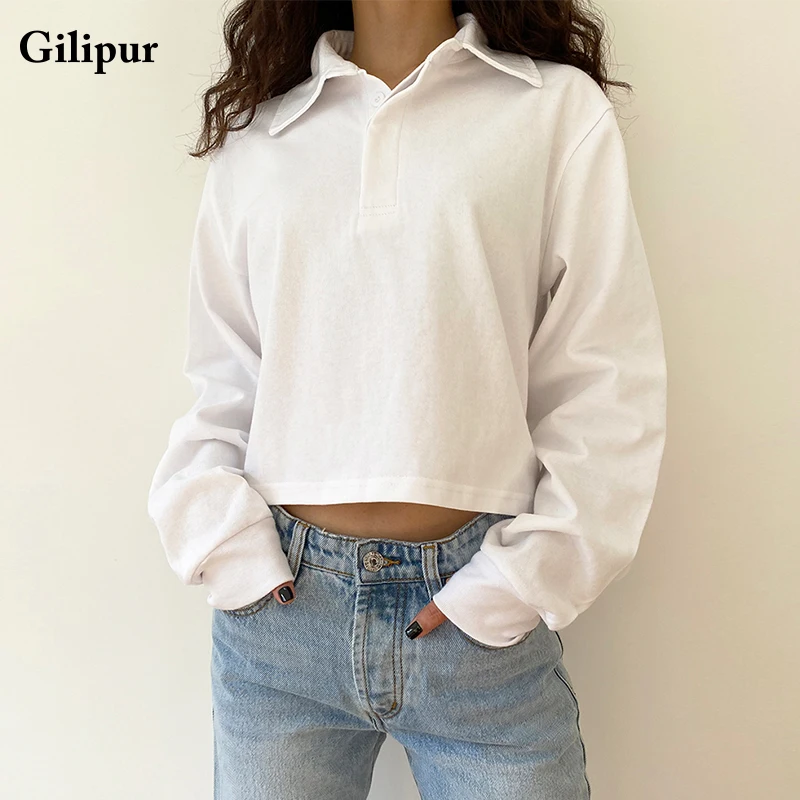 

White Pullover Women Harajuku Blouse Fashion Casual Short Top Turndown Collar Pullover Vintage Hoodies Solid Female Clothing