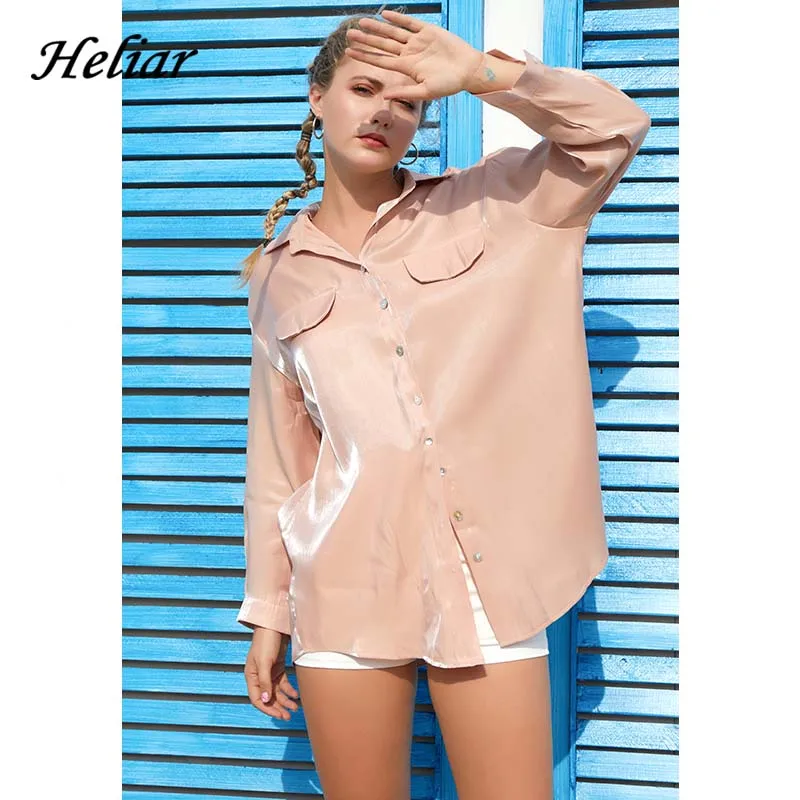 HELIAR розовая Золотая блестящая блуза на пуговицах летняя Модная рубашка с v