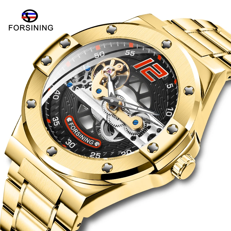 Часы наручные Forsining Мужские механические роскошные золотистые стальные