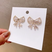 korean fashion shiny crystal rhinestone bowknot earrings for women girls gold color alloy drop earrings party jewelry gift