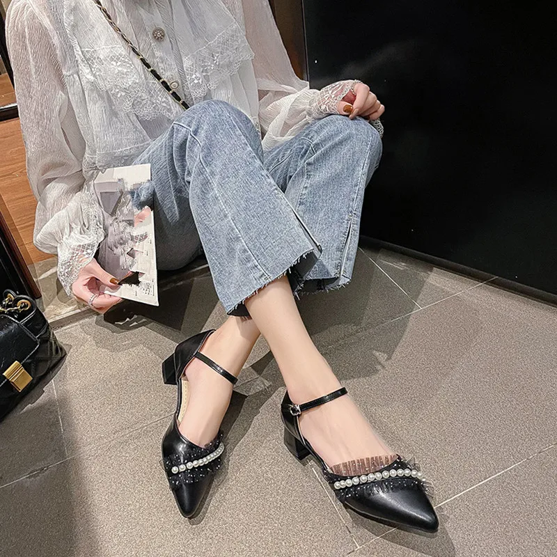 

Sandals With Laces High Heels Black Shoes for Women Buckle Strap 2021 Summer Med High-heeled Beige New Comfort Denim Pointed Pea