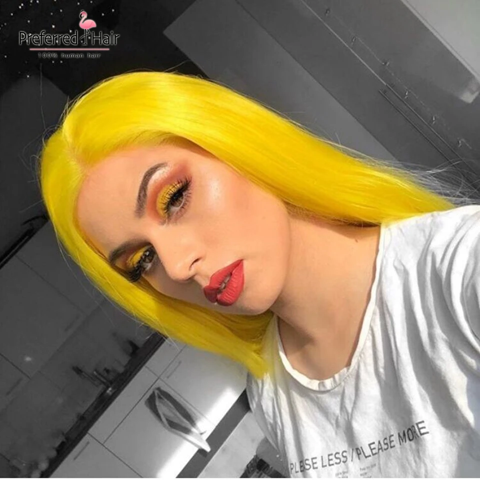 Yellow Wig Предпочитаемый красный синий желтый фиолетовый Лайм зеленый 13x6 парик на кружеве предварительно выщипанный Remy Бесклеевой бразильский полный парик на шнурке для женщин - Цвет: Yellow Wig