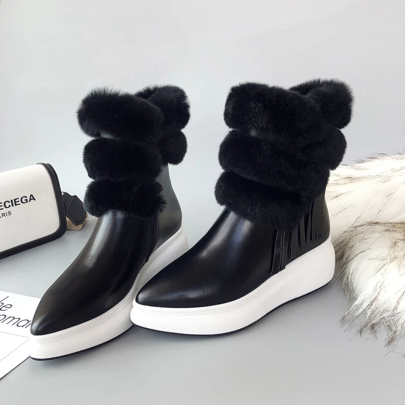 Женские зимние ботинки из натуральной кожи на плоской платформе теплые плюшевые