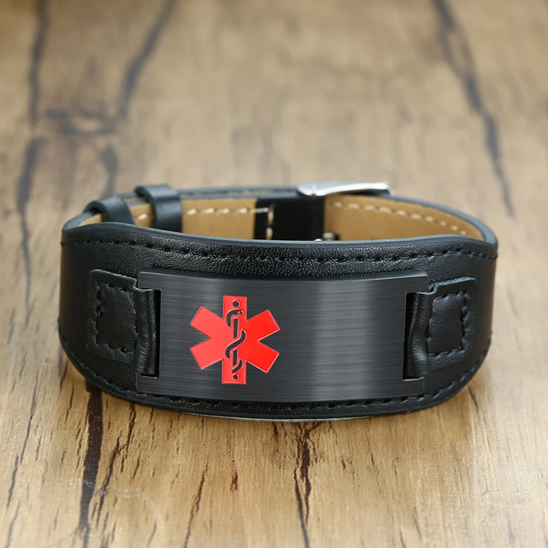 Персонализированный медицинский браслет с широкой настоящей кожаной лентой и регулируемой стальной застежкой, размером от 6,7 до 8,7 дюймов, с бесплатной индивидуальной настройкой.