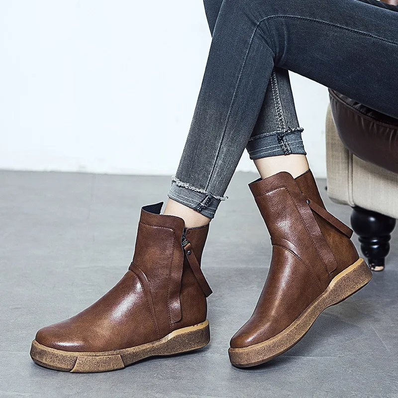 2019 Autumn Women's Boots Leather Flat Middle Female Casual Shoes Winter Fleece Platform Motorcycle for Women | Обувь