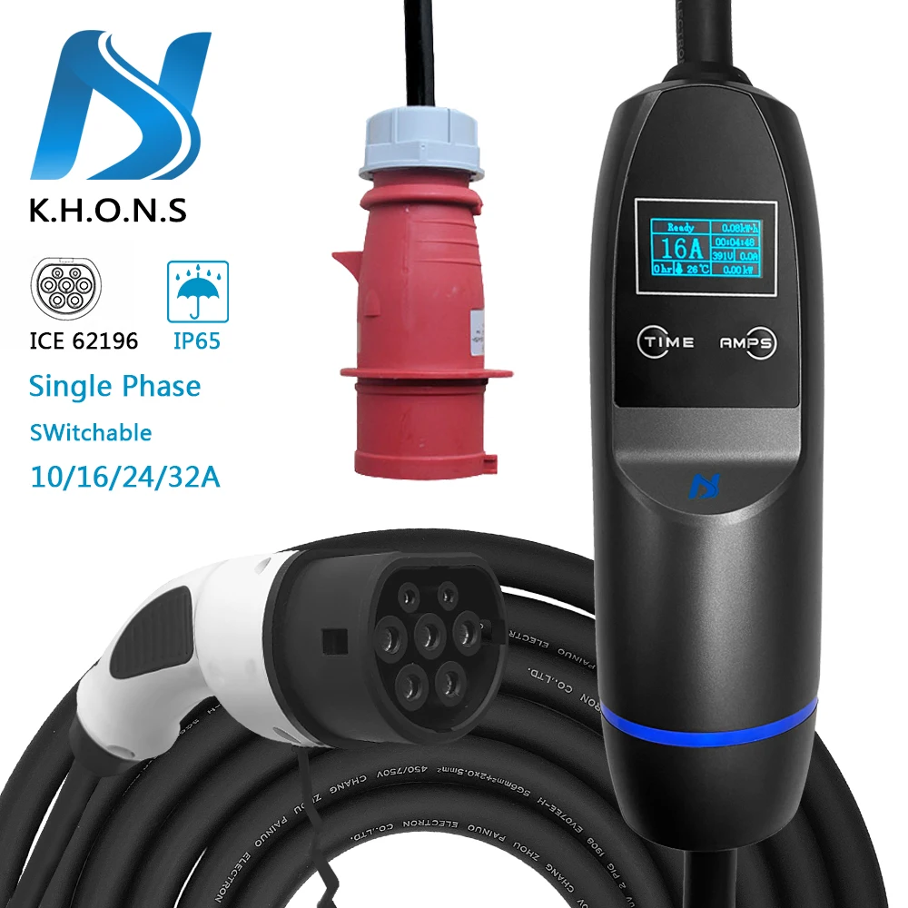 

KHONS Type 2 32A 22KW 3Phase IEC 62196 EV Charging Cable Portable Current Adjustable Can Be Used In Charging Station Red CEE