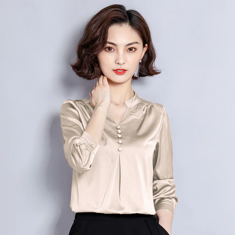 Осенние корейские модные шелковые женские рубашки атласное с длинными рукавами