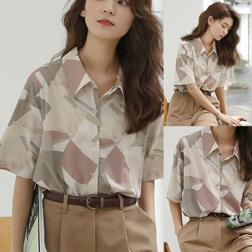 

2020 Women Summer Blouse Retro Geometric Pattern Short Sleeve Women Loose Chiffon Casual Top Blouse Shirt women