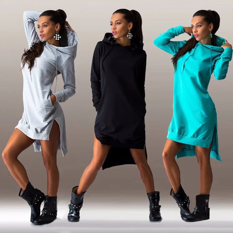 

Fall New Style Hot Sale European and American Fleece Hooded Solid Color Long-Sleeved Sweater Dress Fashion