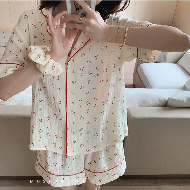 

QWEEK Cotton Suits with Shorts Girl Korean Women's Pajamas Kawaii Pyjama Cherry Print Pijama Short Sleeve Sleepwear Nightie Pjs