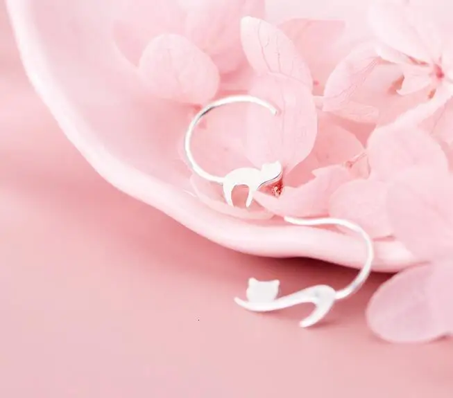 Earrings asymmetry Cute 100% Real. 925 Sterling Silver Fine Jewelry Kitten Cat Animal ear earrings GTLE2847 | Украшения и