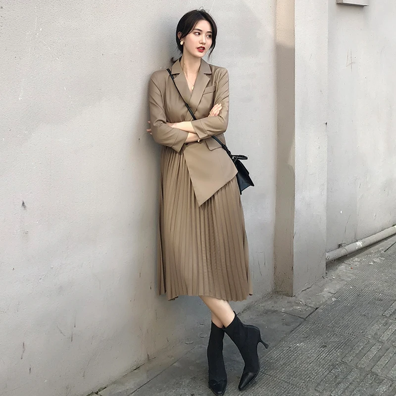 LANMREM 2020 однотонное Плиссированное Платье женское осеннее приталенное с длинным