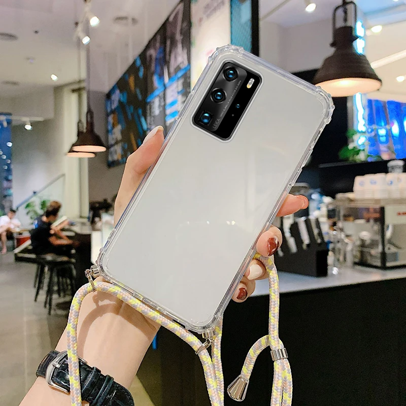 

Luxury Lanyard Silicone Phone Case For Huawei P40 P30 P20 P10 Lite Mate 40 30 20 10 Pro Y9 Cute Ultra-thin Necklace Rope Cover