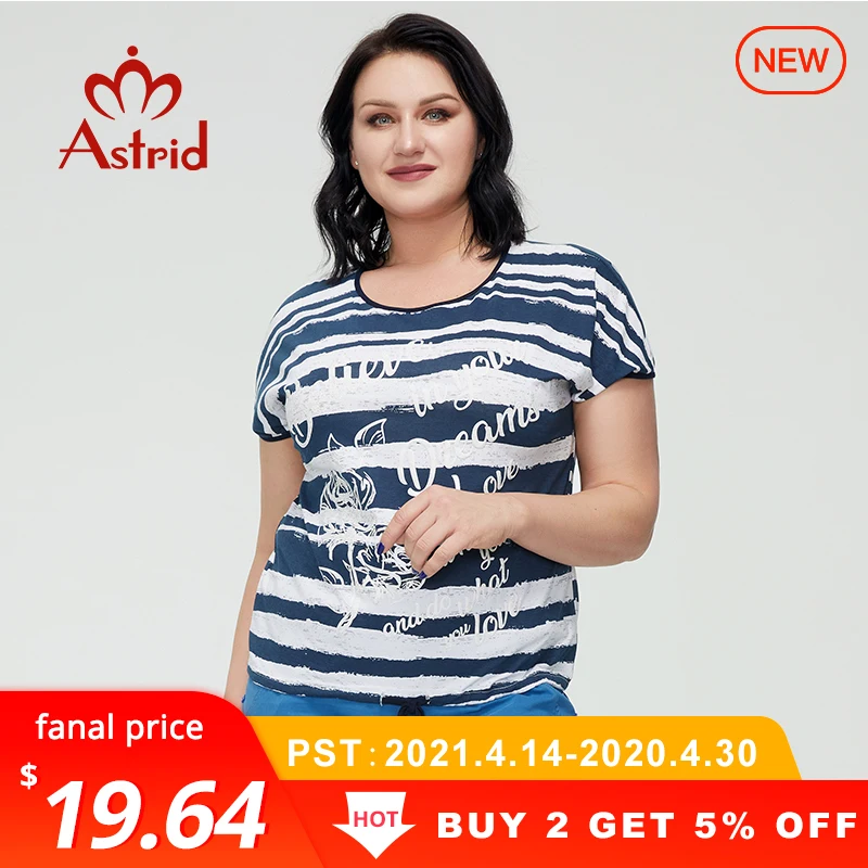 Oversized com Listras de Manga Astrid Verão Camiseta Feminina Algodão Superior Feminino Curta Roupas Moda Vintage Imprimir Tendências 2021