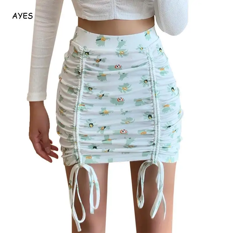 

Women New Printed Floral White Skirts Elastic Waist Drawstring Lace Up Print Pencil Skirt Sexy Slim Bodycon Mini Skirts 2021