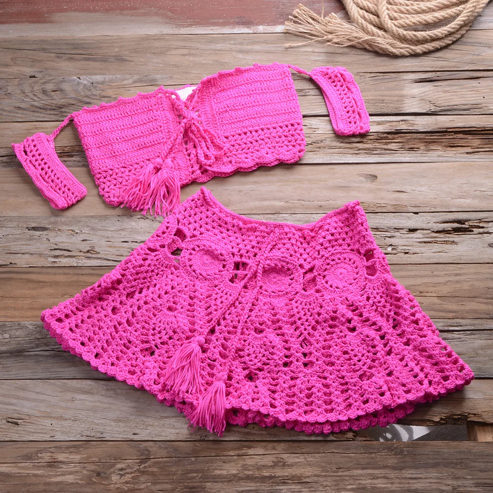 

Crochet Two Piece Set Summer Beach Dress Hand Knitted Hollow Out Crop Top Mini Skirt Sheer Fishnet Cover Up Casual Suits