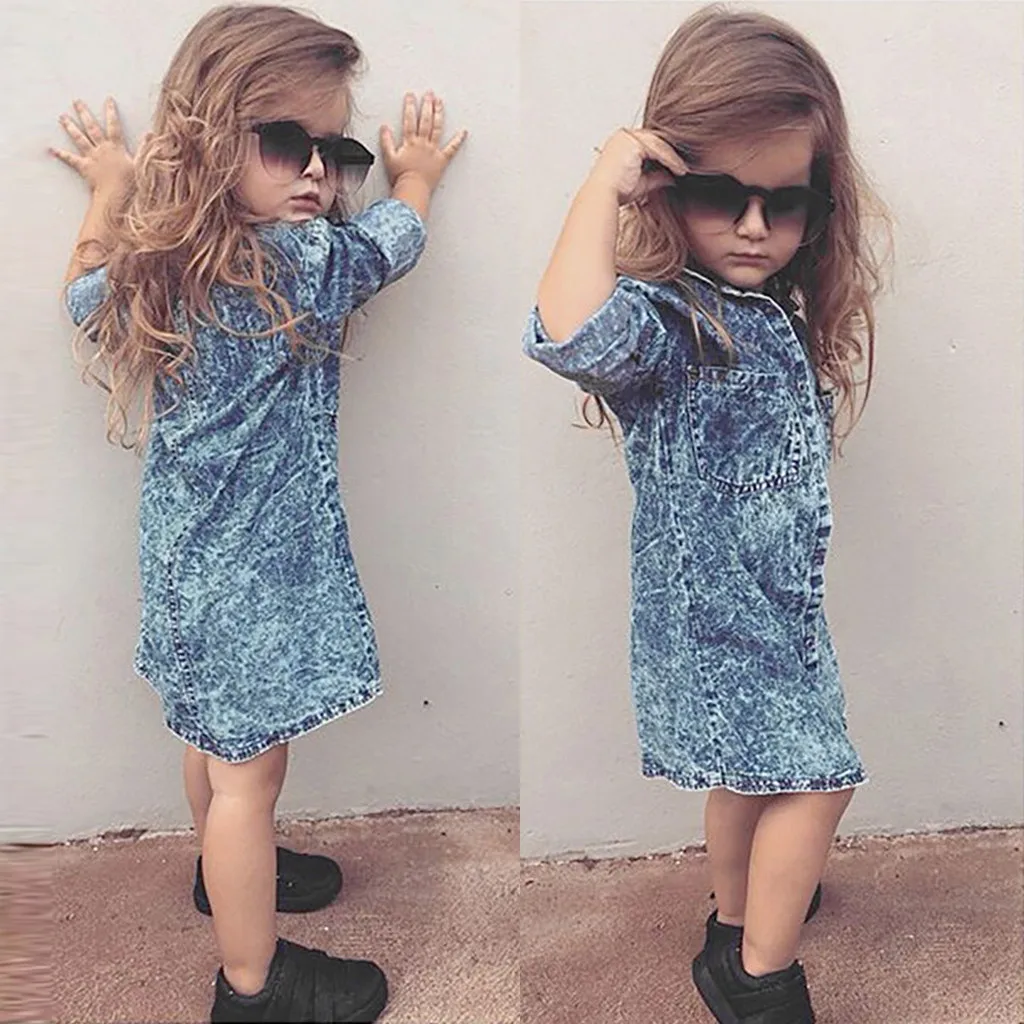 New 2019 Fashion Toddler Baby Girls Long Sleeve Solid Denim Shirt Dress Jean Dresses Mother &amp Kids Casual Party | Детская одежда и