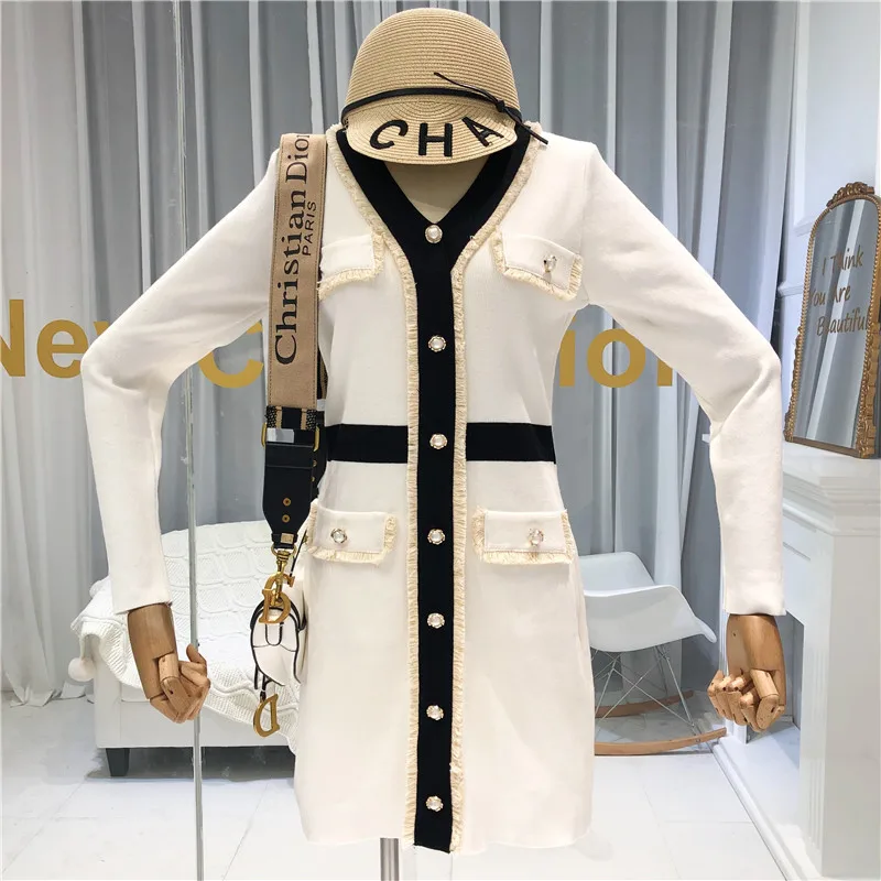 ALPHALMODA осень новое французское вязаное платье с v-образным вырезом и длинным рукавом женское приталенное модное платье с искусственным карманом